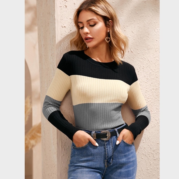 Rib-Knit Color Block Sweater Top Shirt - Picture 2 of 7